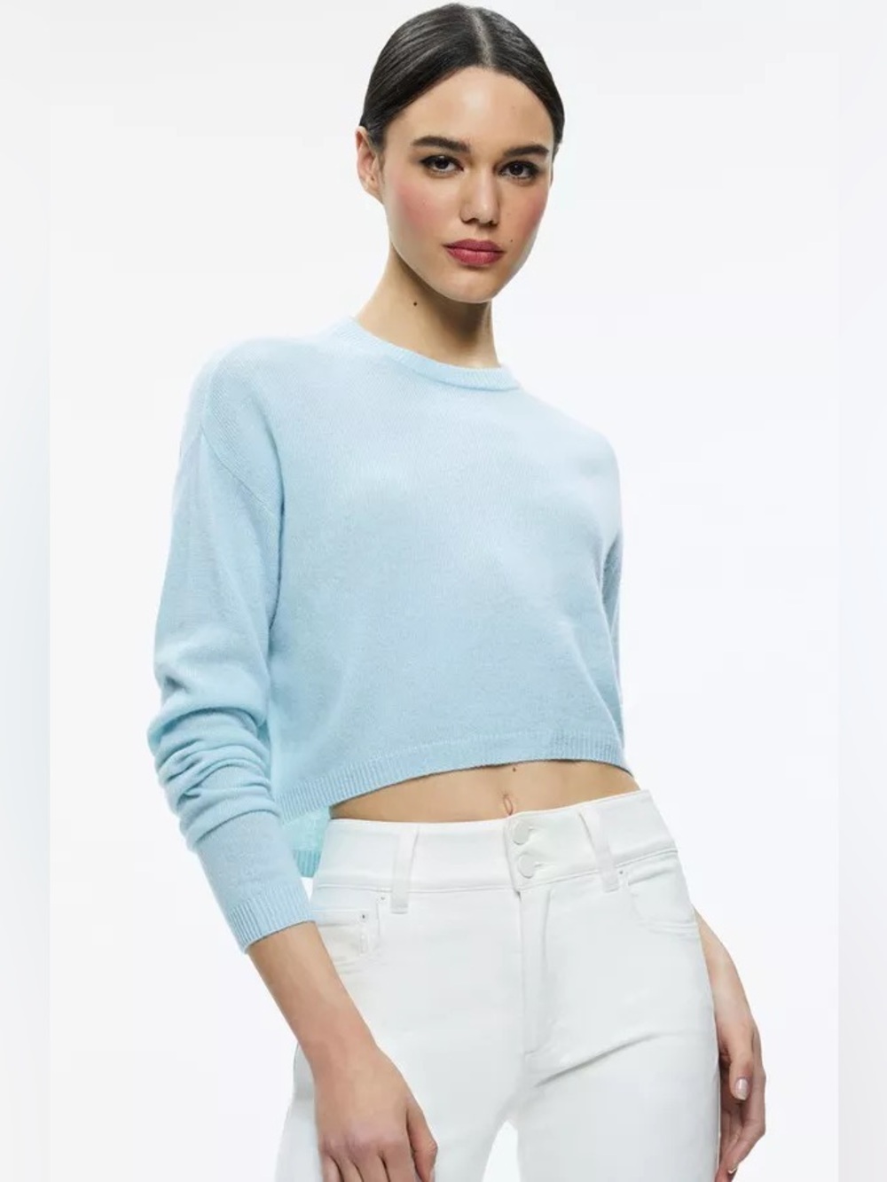 Alice + Olivia Pastel Blue Cropped Crewneck Sweater
